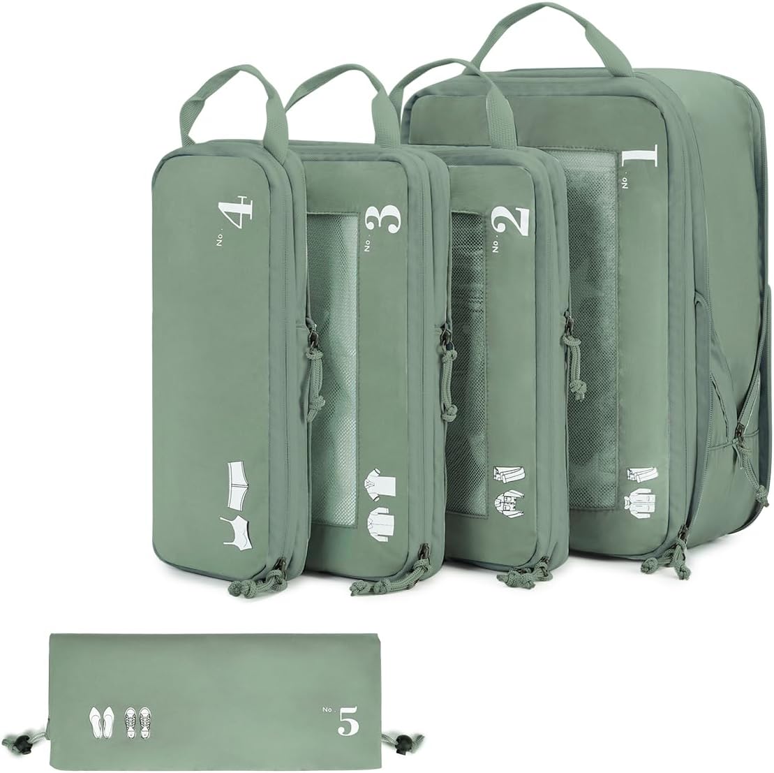 ECOHUB 5 Set Compression Packing Cubes for Suitcases Organiser Bags Set Travel Essentials with Shoe Bags for Travel Tear-resistant Travel Accessories with ID Tag Expandable Packing Bags(Green)