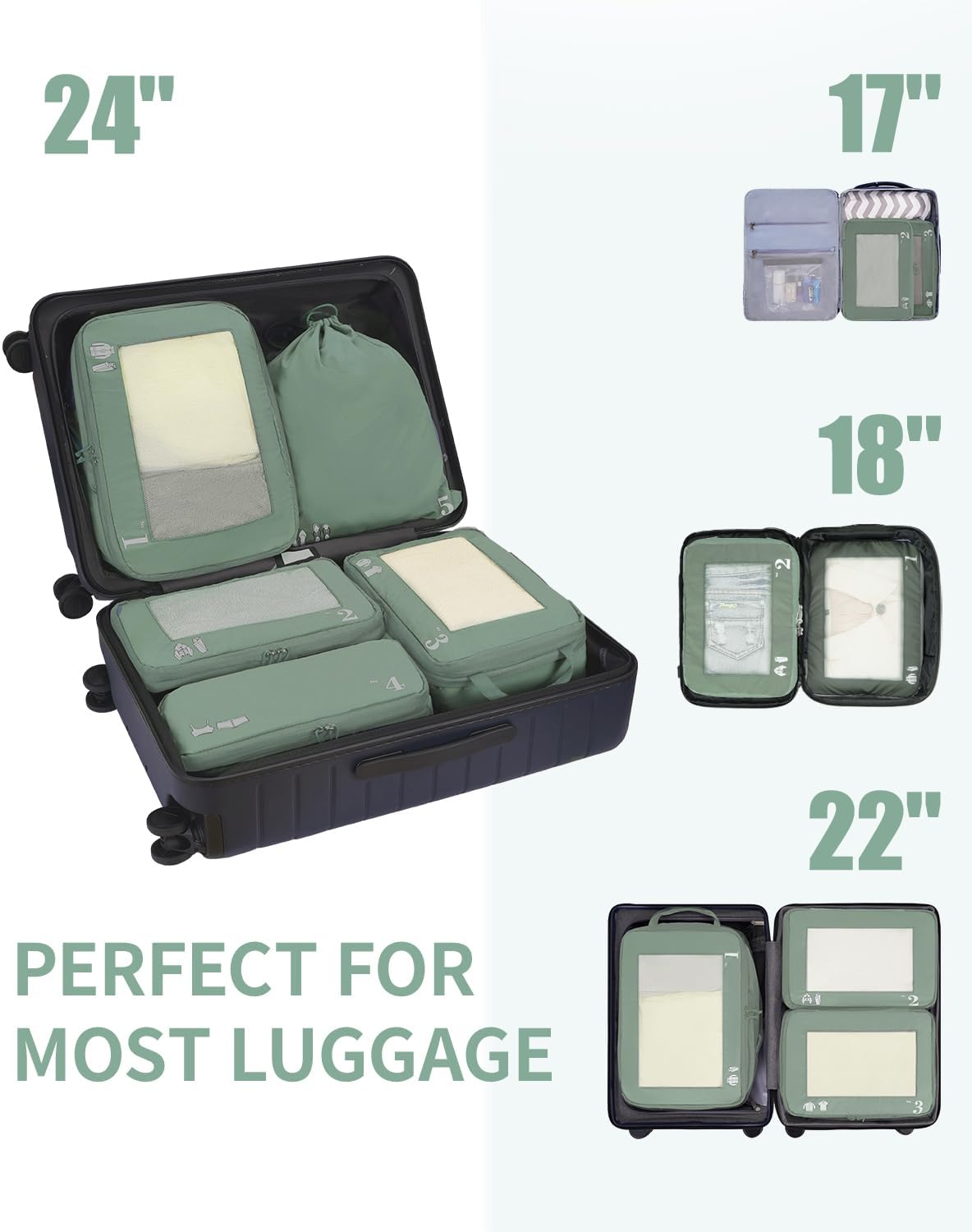 ECOHUB 5 Set Compression Packing Cubes for Suitcases Organiser Bags Set Travel Essentials with Shoe Bags for Travel Tear-resistant Travel Accessories with ID Tag Expandable Packing Bags(Green) - Image 7