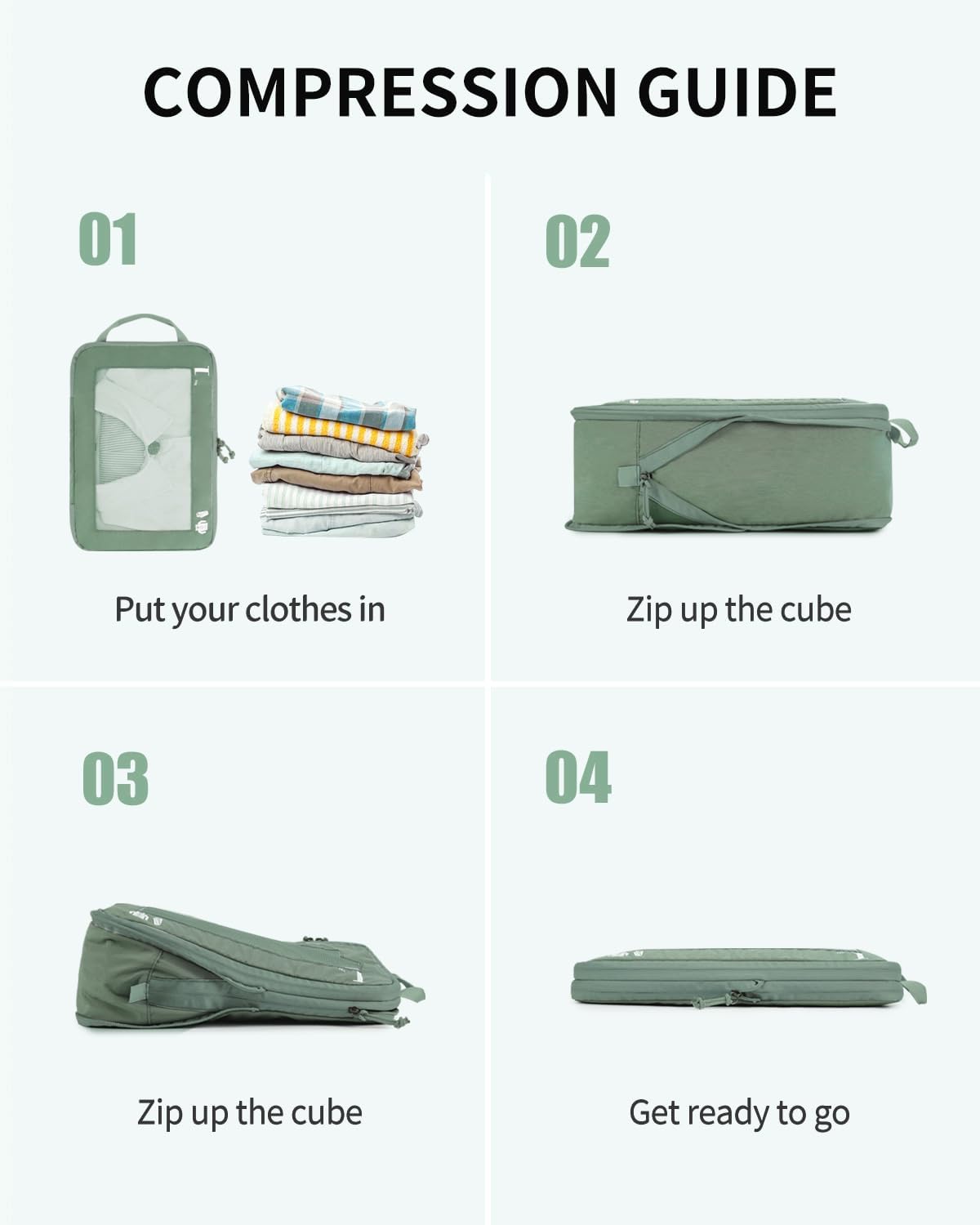 ECOHUB 5 Set Compression Packing Cubes for Suitcases Organiser Bags Set Travel Essentials with Shoe Bags for Travel Tear-resistant Travel Accessories with ID Tag Expandable Packing Bags(Green) - Image 8